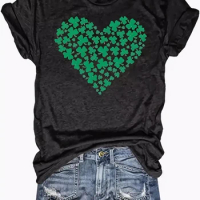 Women's Plus Size S-5XL Summer Fashion Casual Loose Clover Heart Print Round Neck Short Sleeve T-shirt