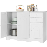 White Sideboard Buffet Cabinet with Storage, Kitchen Buffet Storage Cabinet with 2 Drawers &amp; 3 Doors, Wood Coffee Bar Buffet