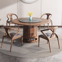 烏金木實木餐桌椅子組合圓桌家用圓形帶轉盤巖板大圓桌現代簡約