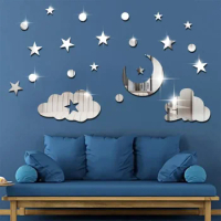 Stars moon clouds mirror 3d three-dimensional decoration wall paste bedroom room wall self-adhesive mirror stickers