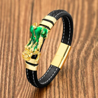 Feng Shui Guardian Charm Leather Bracelet Men Women Brave Troops Wristband Jewelry Gold Color Black PIXIU Wealth Lucky Bracelets