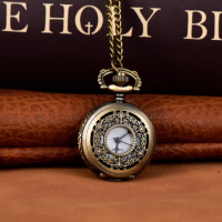 Vintage bronze pocket watch hollow small floral pocket watch quartz watch long necklace hanging watch pocket watch
