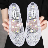 Women's Jelly Sandals Printed Flat Shoes Crystal Hollow Shoes Garden Anti Slip Sandals