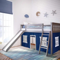 Low Loft Bed, Twin Bed Frame For Kids With Slide and Curtains For Bottom, Grey/Blue
