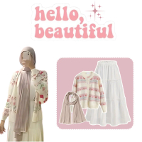 One set Wanita Korean Style 3in1 Hijab OOTD Outfit Kekinian Cardigan Love Rok Susun Pashmina | BS79 