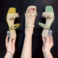 涼鞋女夏新款時尚花朵水晶粗跟高跟鞋仙女風中跟兩穿涼拖鞋