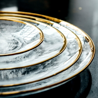 ,北歐風ins金邊水果盤子 創意套裝玻璃盤家用輕奢沙拉盤碟子餐盤