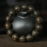 Indonesia Tarakan Agarwood Bracelet Submerged Type Kyara Black Oil Old Materials Bracelet Single Ring round Buddha Beads