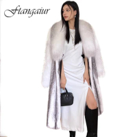 Ftangaiur Winter Coat For Women Import Cross Velvet Mink Fur Coat Women's Loose With Fox Fur Collar X-Long Real Mink Fur Coats