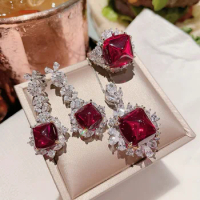High end online celebrities live selling Imitation red tourmaline sugar tower full diamond pendant female Earrings open ring set