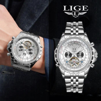 LIGE Top Brand Watch Men Automatic Tourbillon Mechanical Watch for Men Gold Multifunctional Luminous Waterproof Men's Watches