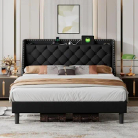 King Size Bed Frame with 16" Deluxe Wingback &amp; USB &amp; Type-C Ports, Upholstered Platform Bed Frame