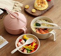 FB3842 日式小麥秸稈帶蓋泡麵碗/餐具組 (五件套)
