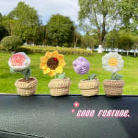 Sunflower Crochet Flower Pot Hand-knitted Plant Hand-woven Flower Tuilp Daisy Rose DIY Finished Handmade Crafts Car Decoration