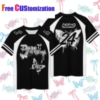 T-shirt jersey mikro berenda gaya coquette, lengan pendek, untuk lelaki dan wanita, dengan nama ters