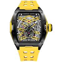 【BONEST GATTI】布加迪 黑黃色款 鏤空酒桶造型 氟橡膠錶帶 自動上鍊機械錶 情人節45mm(BG5502-A3)