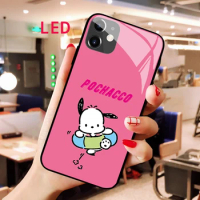 Luminous Tempered Glass phone case For Apple iphone 13 14 Pro Max Puls mini Kawaii Pochacco Luxury Fashion LED Backlight cover