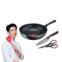 【Tefal 特福】MOMO獨家 法國製好食系列不沾鍋3件組(28CM炒鍋+主廚刀15CM+剪刀)
