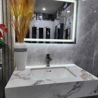 Lavabo sứ trắng phủ nano đặt trên mặt bàn đá , mặt bàn đá bóng trắng vân vàng 2 tầng Kt 800x500mm, t