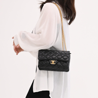 CHANEL 復古菱格調節扣小羊皮翻蓋斜背鍊包/金球包(黑/金)