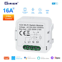 GIRIER Tuya Wifi Switch Module 16A Smart Home Automation DIY Universal Breaker 2 Way Control Works with Alice Alexa Google Home