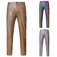 Men's Pants Rainbow Plaid Sequin Glitter Pants Disco Stylish Nightclub DJ Stage Men's Pants Trousers Stage Prom Pantalones 2024