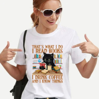 Shirts for Women Clothing Cute Cat Book Shirt That's What I Do I Read Books I Drink Coffee Graphic Tees Book Lover T-shirts Tops