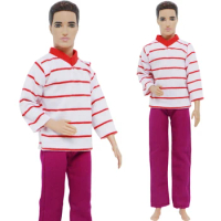 1 Set Cool Men Basic Outfits Daily Wear Long Sleeve Shirt Rose Red Trousers Handmade Clothes for Barbie Friend for Ken Doll Toy