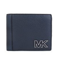 【Michael Kors】男生款 金屬MK荔枝紋皮革零錢袋對開短夾(深藍色)