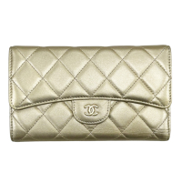 【二手名牌BRAND OFF】CHANEL 香奈兒 金色 羊皮 三折釦式長夾 (無卡)