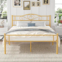 Metal Platform Bed Frame with Headboard &amp; Footboard, Steel Slats Mattress Foundation, No Box Spring Needed, Queen, Gold