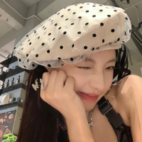 Bow Streamer Berets for Women Spring and Summer Travel Thin Polka Dot Mesh Big Head Showing Face Small Bud Painter Hats