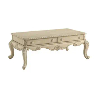 Wooden Top Storage Coffee Table with 2 Drawers Antique White Finish French &amp; English Dovetail Design Metal Glide Rubber Wood
