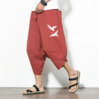 Harem Pants Japanese Style Plus Size Wide Leg Trousers Men Samurai Costume Crane Embroidery Vintage Pants Haori Harajuku Asian