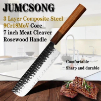 JUMCSONG 9Cr18MOV Hand-forged Professional Chef's Knife 3 Layer Steel Japanese 7-inch Meat Cleaver Kitchen Knife