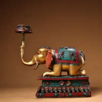 10"Tibetan Temple Collection Old Bronze Outline in gold Mosaic Gem Turquoise Elephant Statue Lotus Oil lamp Candlestick