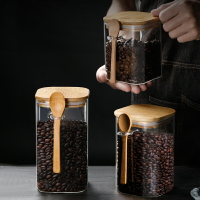 日式帶木勺方形玻璃茶葉罐廚房食品密封奶罐咖啡豆廚房收納儲物罐