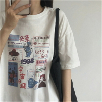 vintage白色短袖t恤女夏寬松ins潮oversize美式復古半袖上衣