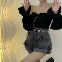 COD  กางเกงขาสั้นผ้ายีนส์เอวสูงสำหรับผู้หญิงฤดูร้อน 2024 ใหม่สไตล์เกาหลีสลิมหลวมกางเกงร้อนสาวฮอตกางเกงขากว้าง  Sen