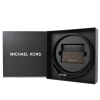【Michael Kors】男款 鐵灰MK緹花LOGO防刮雙面用皮帶/名片夾禮盒-咖啡色/黑