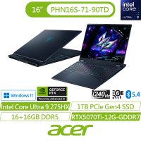【Acer 宏碁】16吋Ultra 9 RTX5070Ti電競AI筆電(Predator/PHN16S-71-90TD/Ultra 9 275HX/32G/1TB/W11)