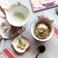 肆月招財貓 貓咪陶瓷餐具 家用日式可愛飯碗早餐吃飯面碗盤子兒童