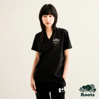 Roots Roots 女裝-摩登都市系列 楓葉圖案V領短袖T恤(黑色)