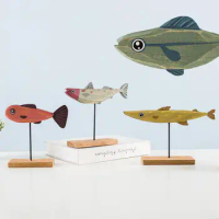 Fashion Cartoon Fishes Sculpture Wood Wood Fish Decor Eco-friendly Convenient to Use Table Top Cartoon Fishes Sculpture