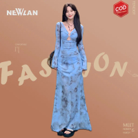 Newlan QZ189 Dress Gaun Motif Retro Rok Panjang Terompet Wanita MAXI Dress Bunga Biru Casual Korean 