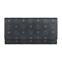 【MCM】MCM Visetos Original滿版紋路印花LOGO月桂葉及菱形設計小牛皮10卡釦式三折長夾(黑x灰藍)