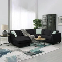 L-shaped Sofa,7-seater Fabric Sofa With 3 Pillows, Black Sofa Salon Recliner Sleeper Floor Lounge Luxury Bedroom Set Furniture