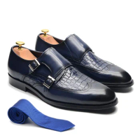 Classic Style Mens Double Buckle Monk Strap Dress Shoes Genuine Leather Wingtip Crocodile Print Business Office Formal Shoes Men