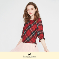 【Scottish House】 紅黑格 香味 鬆緊帶 荷葉領 挖袖 五分袖 斜格 上衣 (CFT11302)