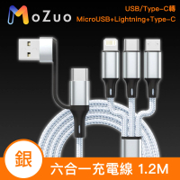 【魔宙】USB/Type-C轉MicroUSB+Lightning+Type-C六合一充電線 銀 1.2M